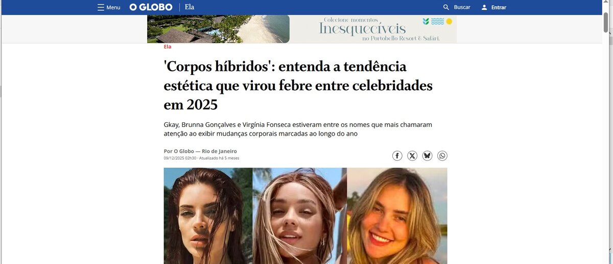 Matéria d'O Globo sobre a tendência estética de corpos híbridos em 2025